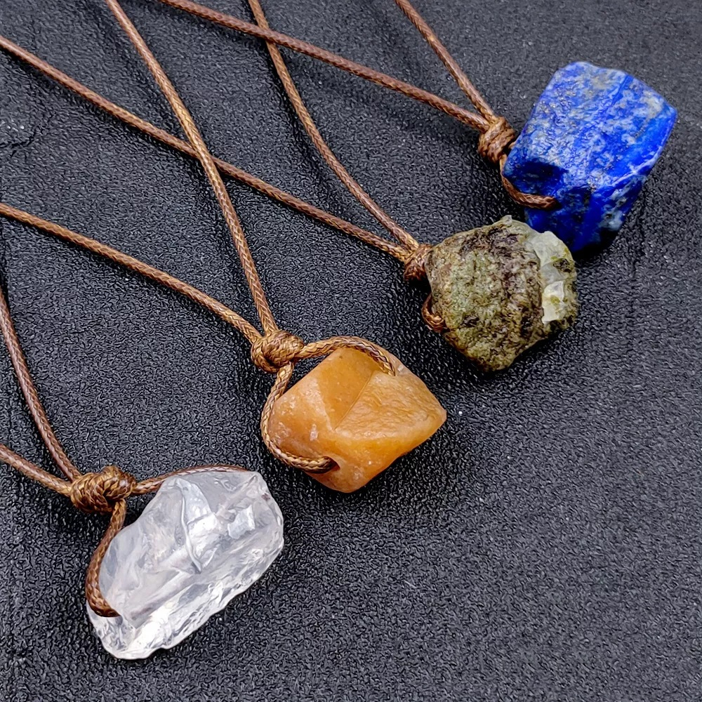 Natural Raw Gemstone Necklace with Adjustable Leather Chain tumbled Rock Crystal Choker for women Men