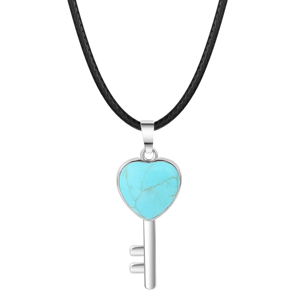 Women Gemstone Heat Key Pendant Necklace  with 45CM Black Leather Cord Silver Key Crystal Necklace Choker Accessories Earrings