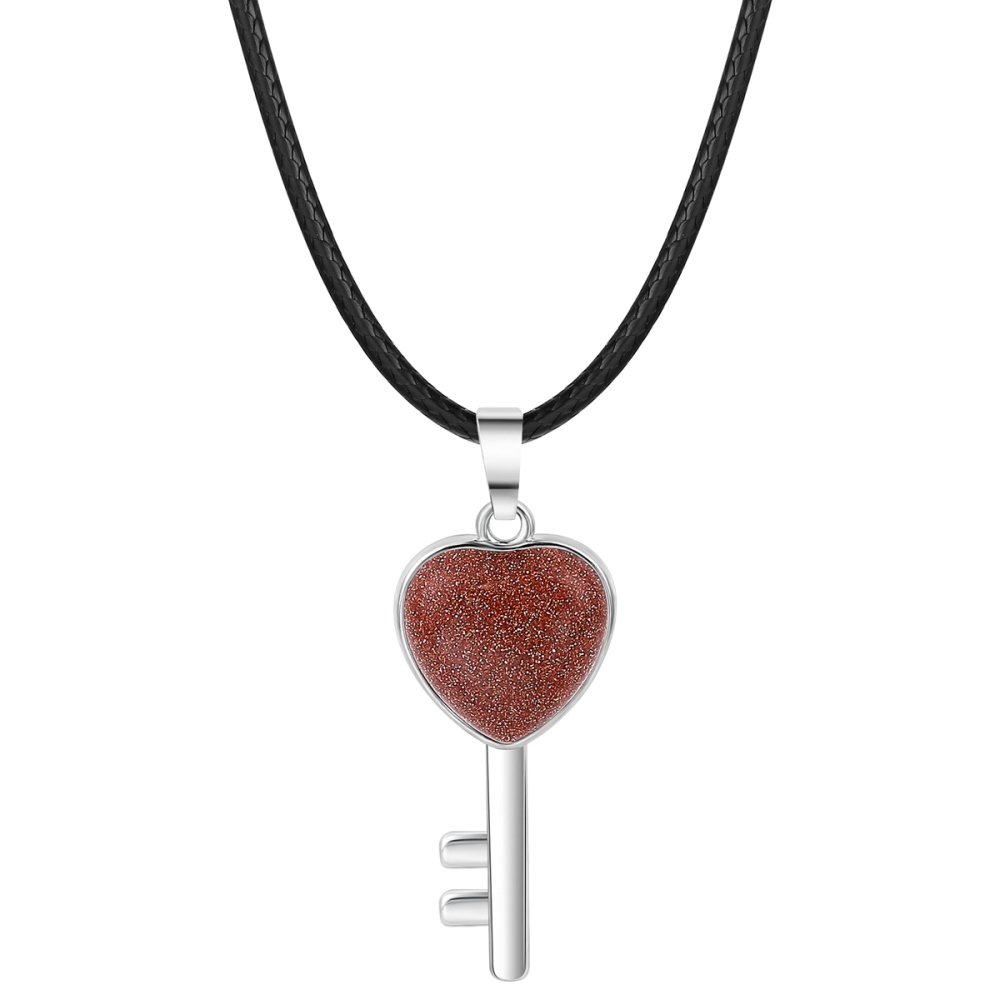 Women Gemstone Heat Key Pendant Necklace  with 45CM Black Leather Cord Silver Key Crystal Necklace Choker Accessories Earrings