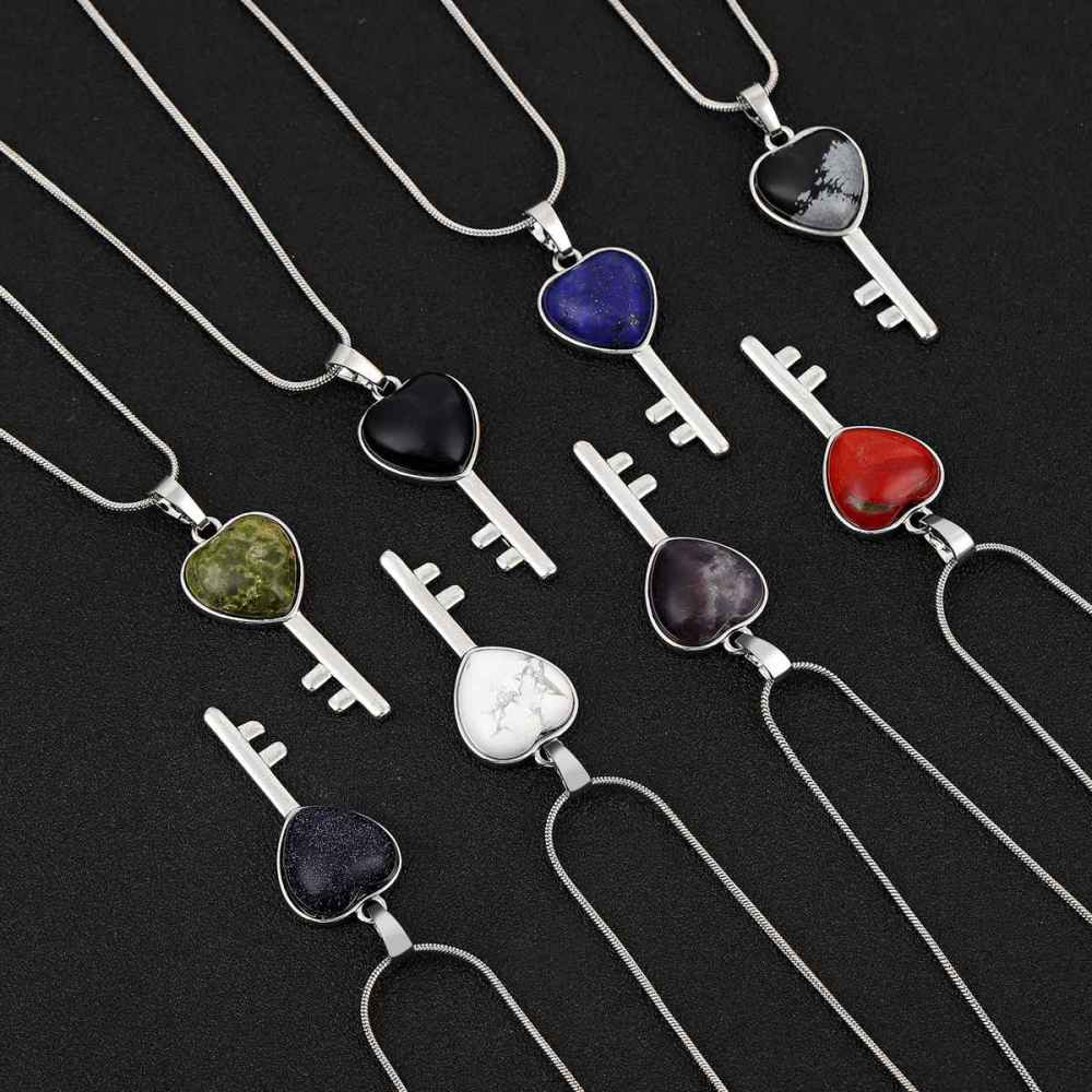 Women Gemstone Heat Key Pendant Necklace  with 45CM Black Leather Cord Silver Key Crystal Necklace Choker Accessories Earrings