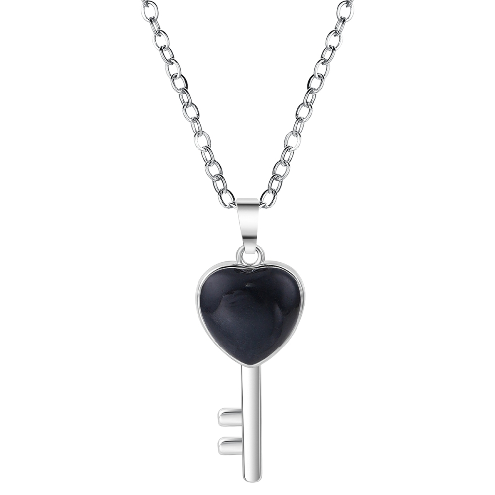 Women Gemstone Heat Key Pendant Necklace  with 45CM Black Leather Cord Silver Key Crystal Necklace Choker Accessories Earrings