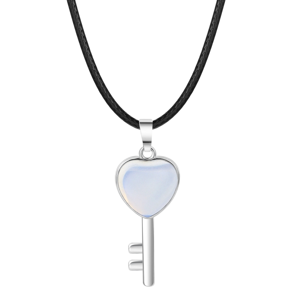 Women Gemstone Heat Key Pendant Necklace  with 45CM Black Leather Cord Silver Key Crystal Necklace Choker Accessories Earrings