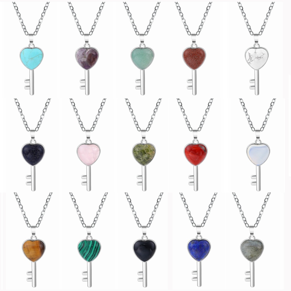 Women Gemstone Heat Key Pendant Necklace  with 45CM Black Leather Cord Silver Key Crystal Necklace Choker Accessories Earrings
