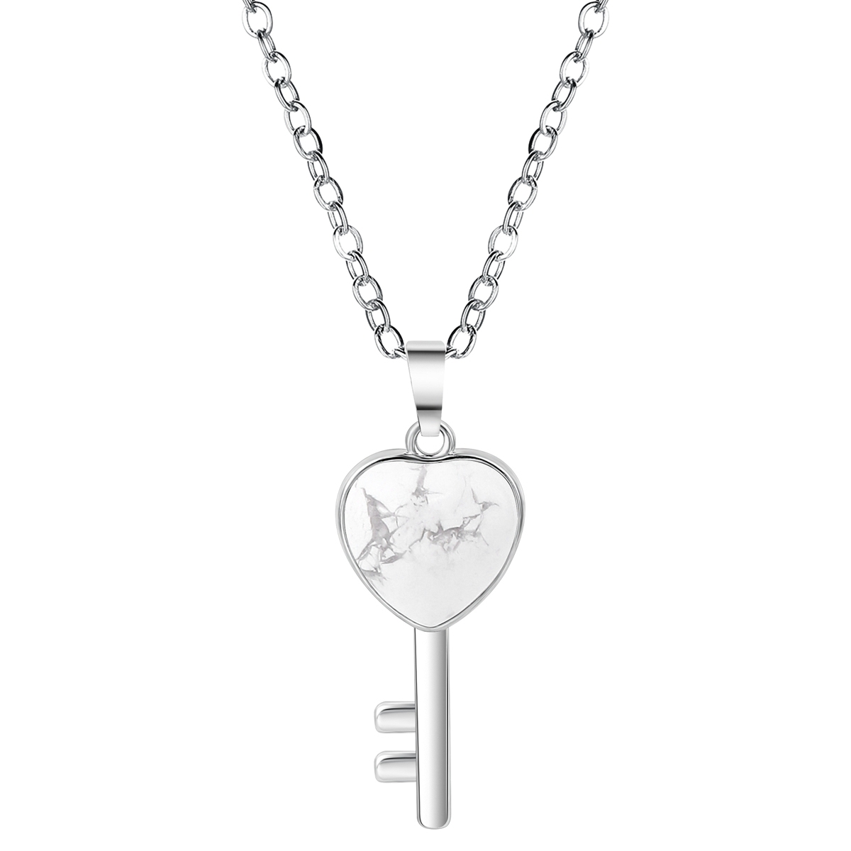 Women Gemstone Heat Key Pendant Necklace  with 45CM Silver Chain Key Crystal Necklace Choker Accessories Earrings