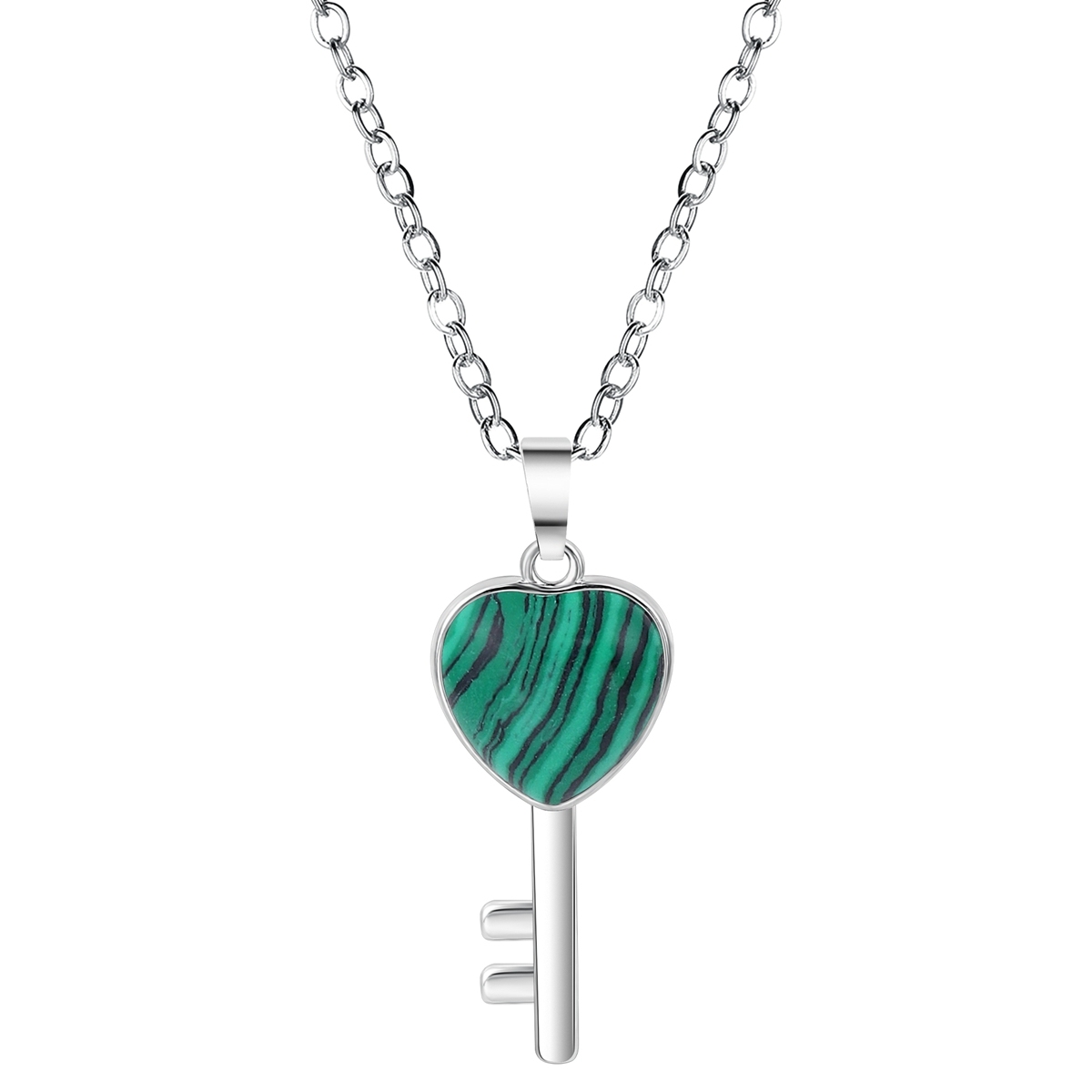 Women Gemstone Heat Key Pendant Necklace  with 45CM Silver Chain Key Crystal Necklace Choker Accessories Earrings