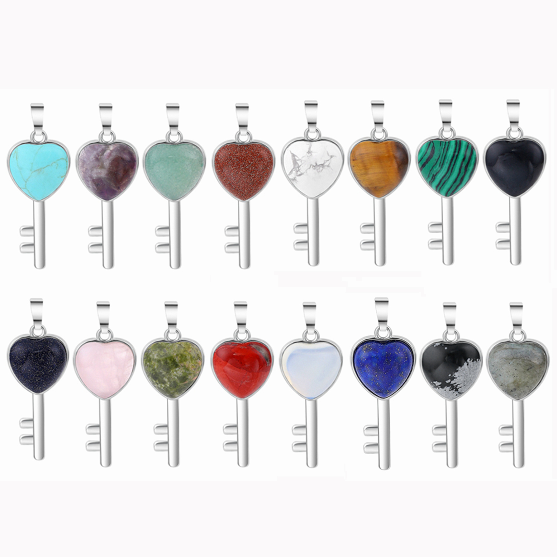 Women Gemstone Heat Key Pendant Necklace  with 45CM Black Leather Cord Silver Key Crystal Necklace Choker Accessories Earrings