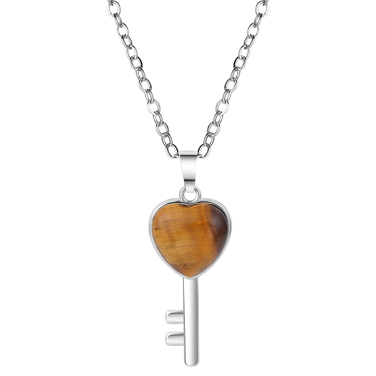 Women Gemstone Heat Key Pendant Necklace  with 45CM Silver Chain Key Crystal Necklace Choker Accessories Earrings