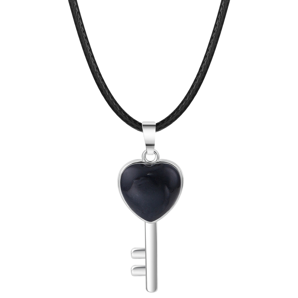 Women Gemstone Heat Key Pendant Necklace  with 45CM Black Leather Cord Silver Key Crystal Necklace Choker Accessories Earrings