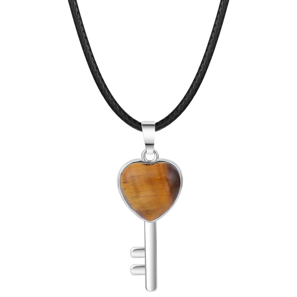 Women Gemstone Heat Key Pendant Necklace  with 45CM Black Leather Cord Silver Key Crystal Necklace Choker Accessories Earrings