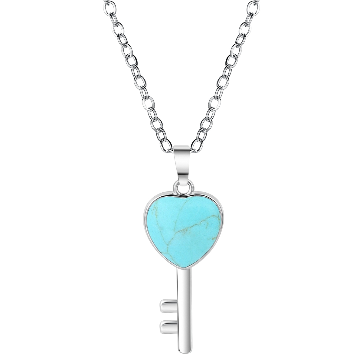 Women Gemstone Heat Key Pendant Necklace  with 45CM Silver Chain Key Crystal Necklace Choker Accessories Earrings