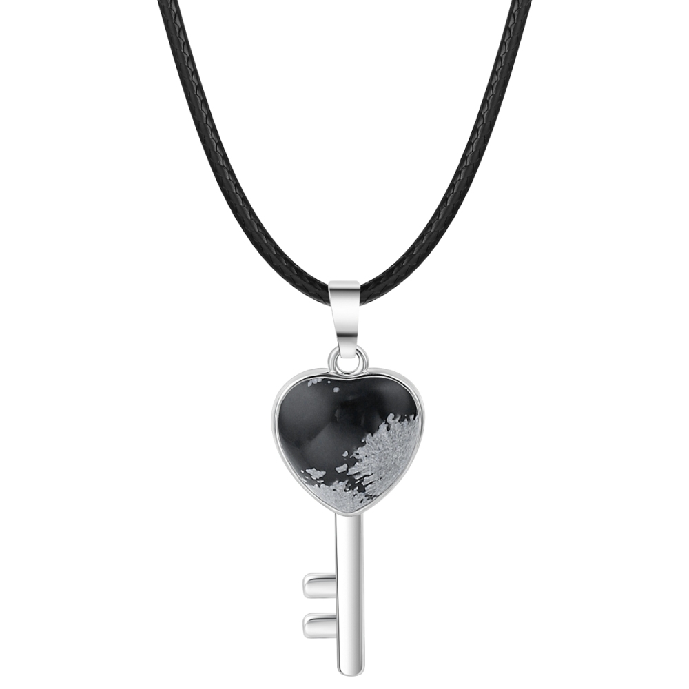 Women Gemstone Heat Key Pendant Necklace  with 45CM Black Leather Cord Silver Key Crystal Necklace Choker Accessories Earrings
