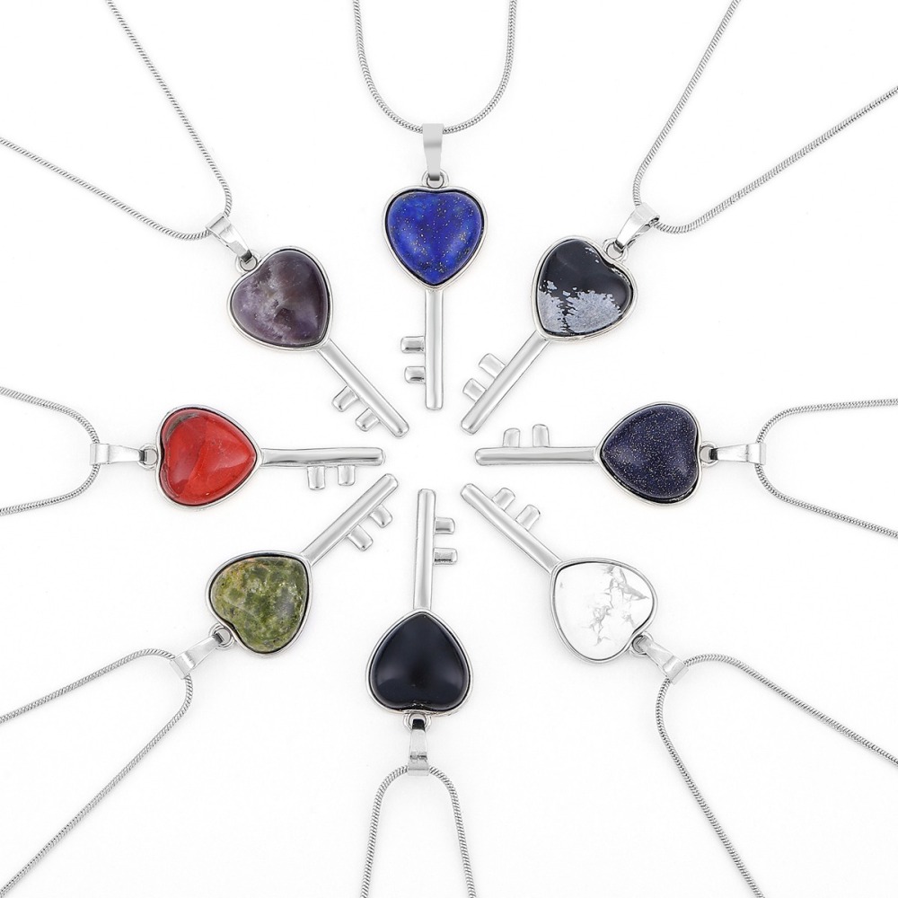 Women Gemstone Heat Key Pendant Necklace  with 45CM Black Leather Cord Silver Key Crystal Necklace Choker Accessories Earrings