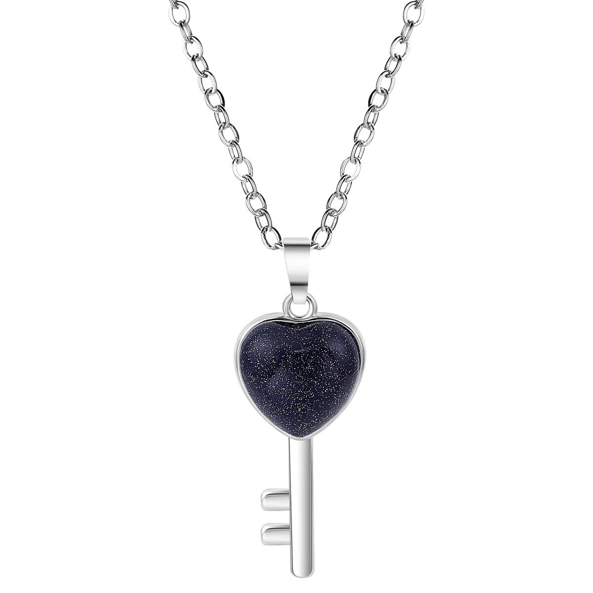 Natural Gemstone Heart Shape Key Pendant Necklace with 18 Inch Black Cord Gem Stone King Silver Cubic Zirconia CZ  Pendant Jewelry