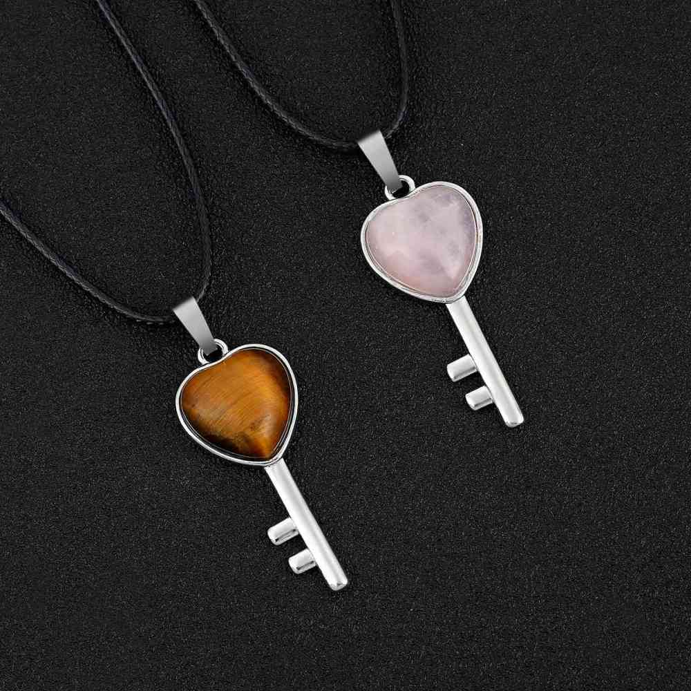 Women Gemstone Heat Key Pendant Necklace  with 45CM Black Leather Cord Silver Key Crystal Necklace Choker Accessories Earrings