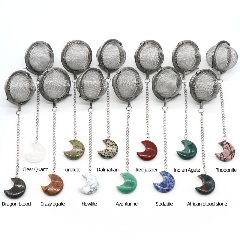 Infusers for Loose Tea Mesh Strainer with Extended Chain Key Rings Hook Stainless Steel Charm Energy Drip Trays Crystal Moon Pendant Shaker Ball
