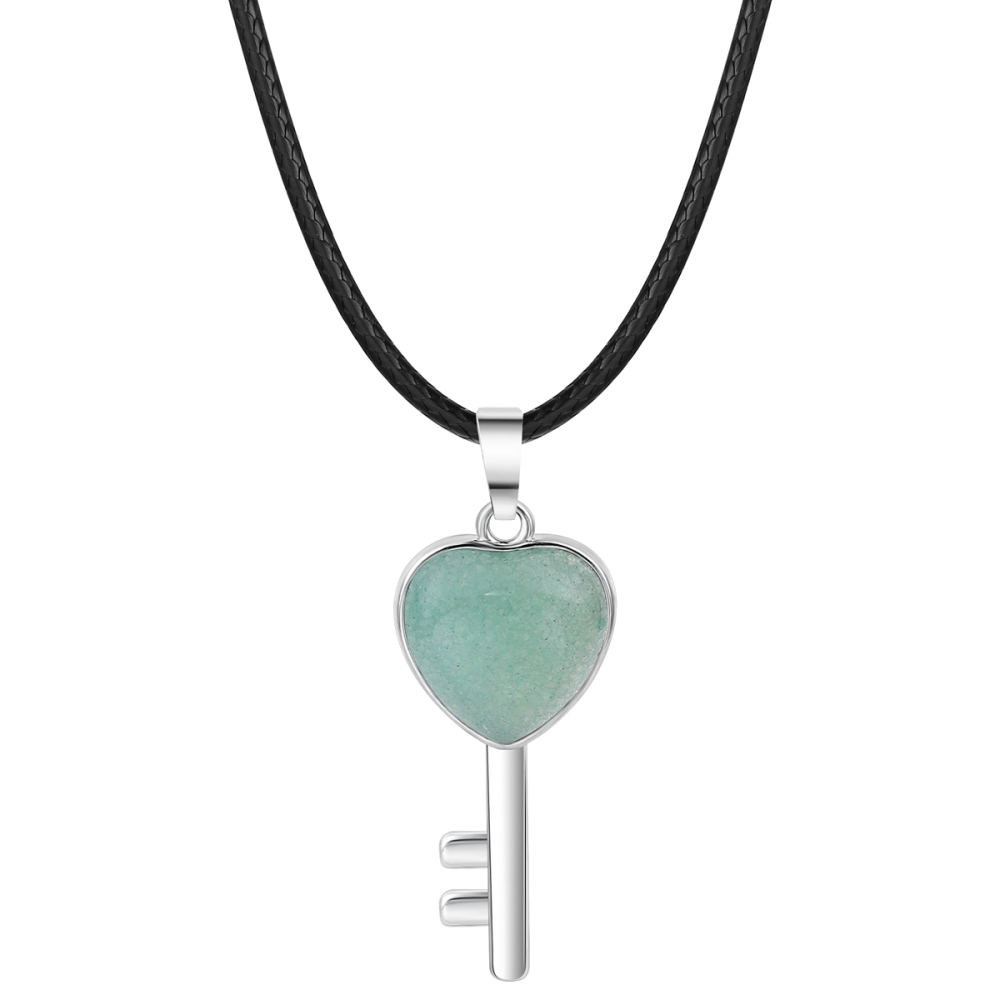 Women Gemstone Heat Key Pendant Necklace  with 45CM Black Leather Cord Silver Key Crystal Necklace Choker Accessories Earrings