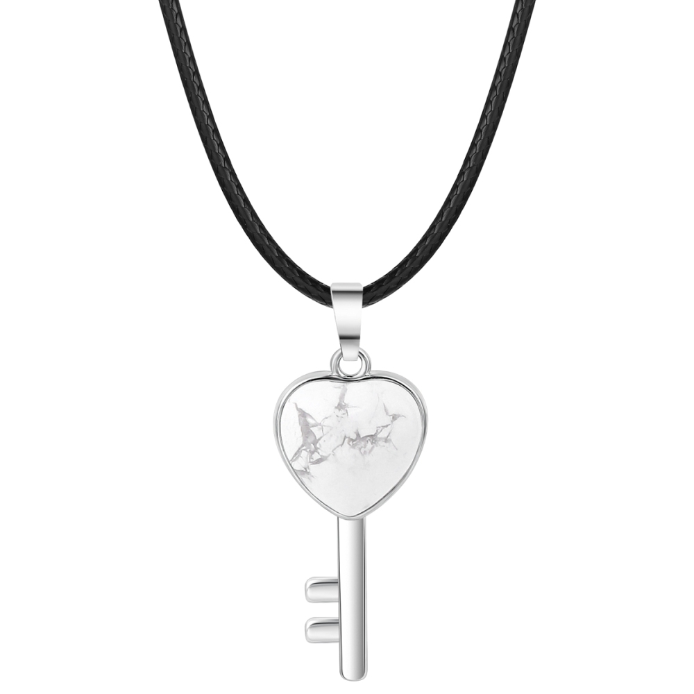 Women Gemstone Heat Key Pendant Necklace  with 45CM Black Leather Cord Silver Key Crystal Necklace Choker Accessories Earrings