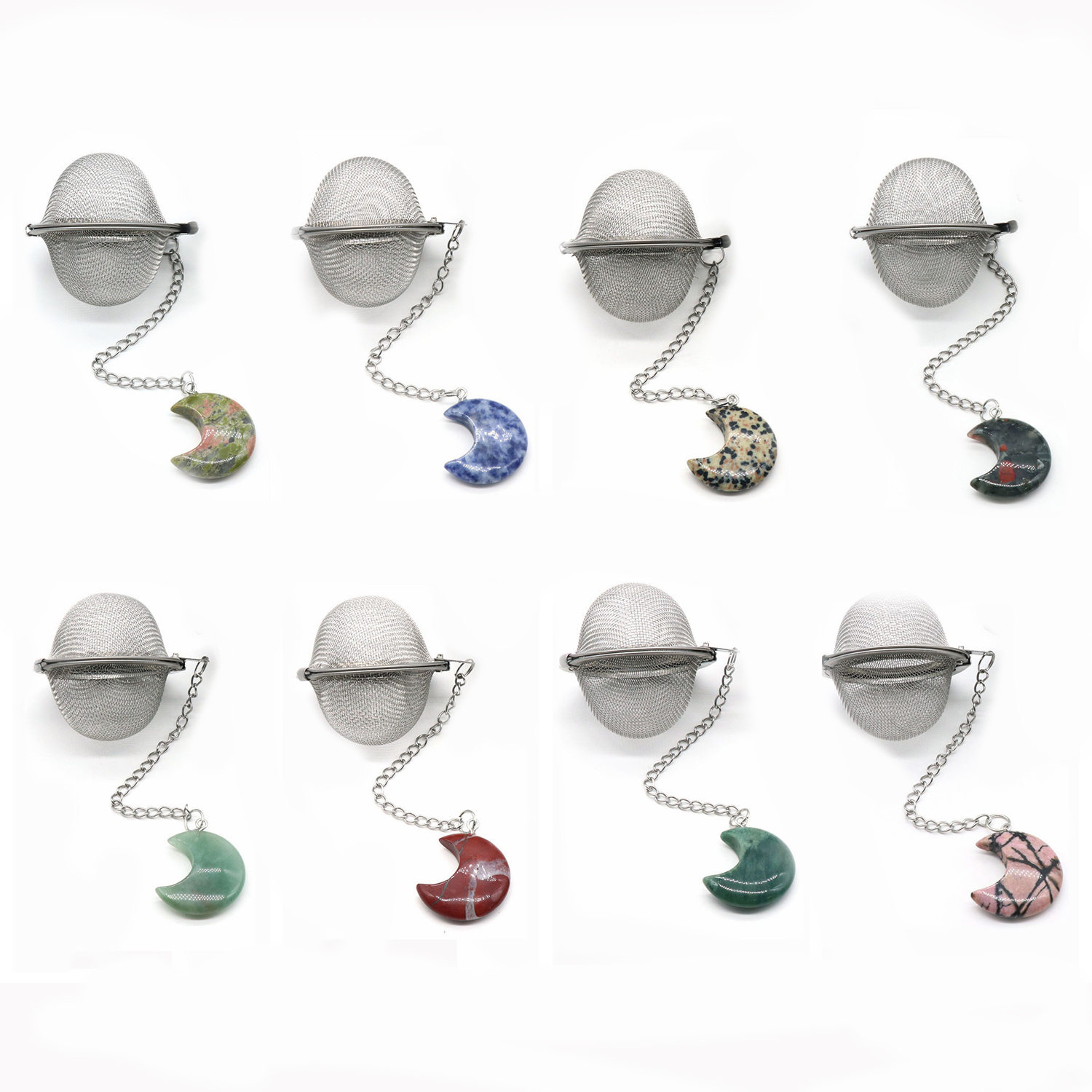 Infusers for Loose Tea Mesh Strainer with Extended Chain Key Rings Hook Stainless Steel Charm Energy Drip Trays Crystal Moon Pendant Shaker Ball