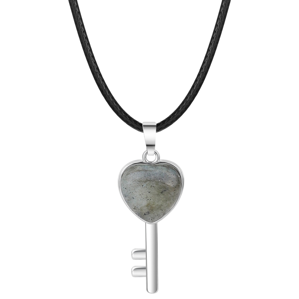 Women Gemstone Heat Key Pendant Necklace  with 45CM Black Leather Cord Silver Key Crystal Necklace Choker Accessories Earrings