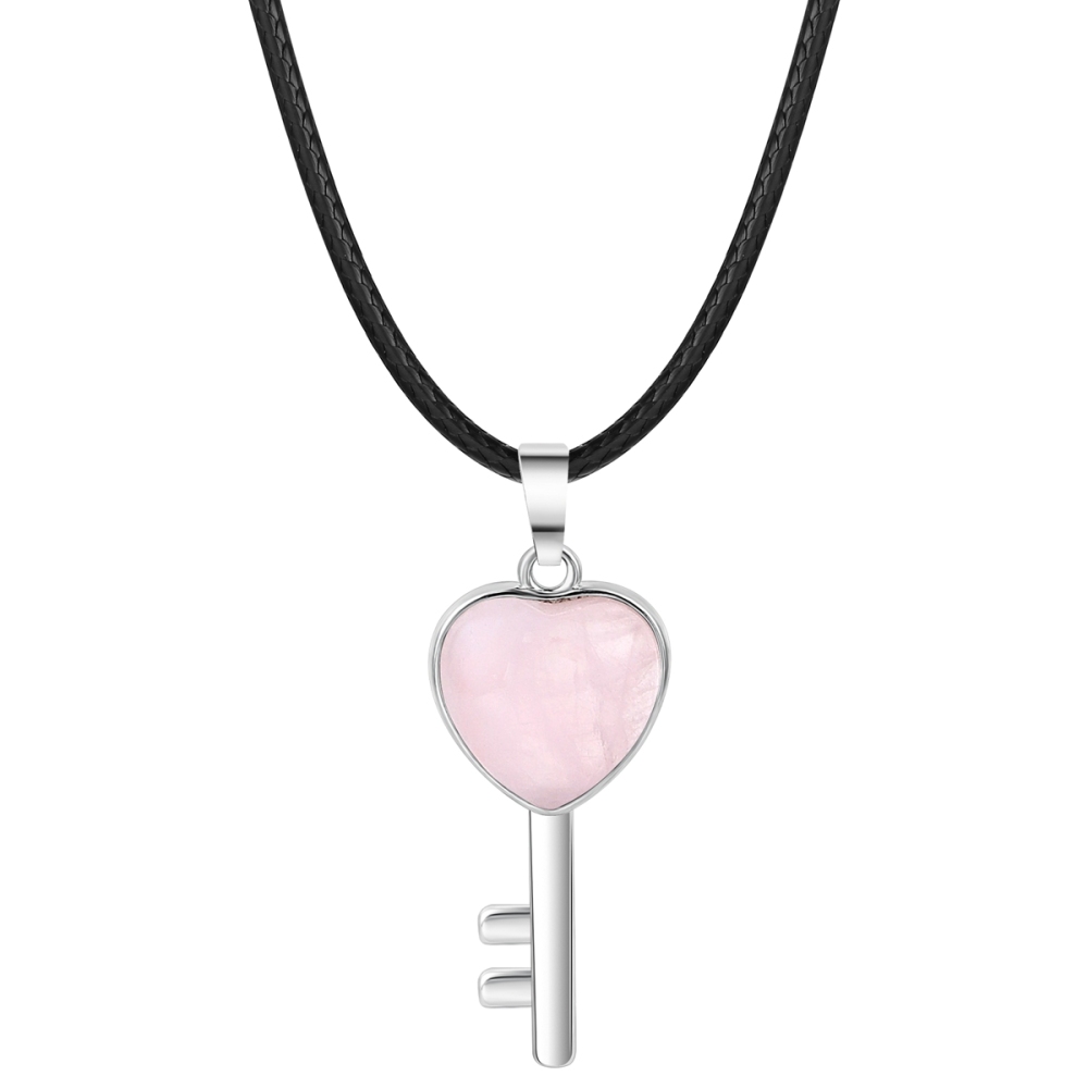 Women Gemstone Heat Key Pendant Necklace  with 45CM Black Leather Cord Silver Key Crystal Necklace Choker Accessories Earrings