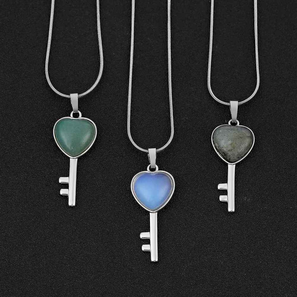 Women Gemstone Heat Key Pendant Necklace  with 45CM Black Leather Cord Silver Key Crystal Necklace Choker Accessories Earrings