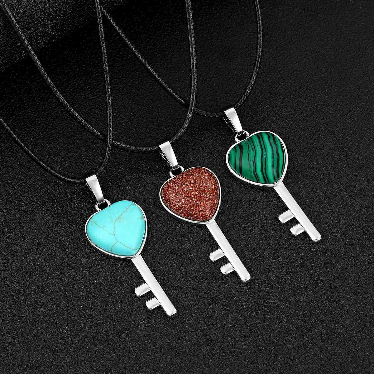 Women Gemstone Heat Key Pendant Necklace  with 45CM Silver Chain Key Crystal Necklace Choker Accessories Earrings