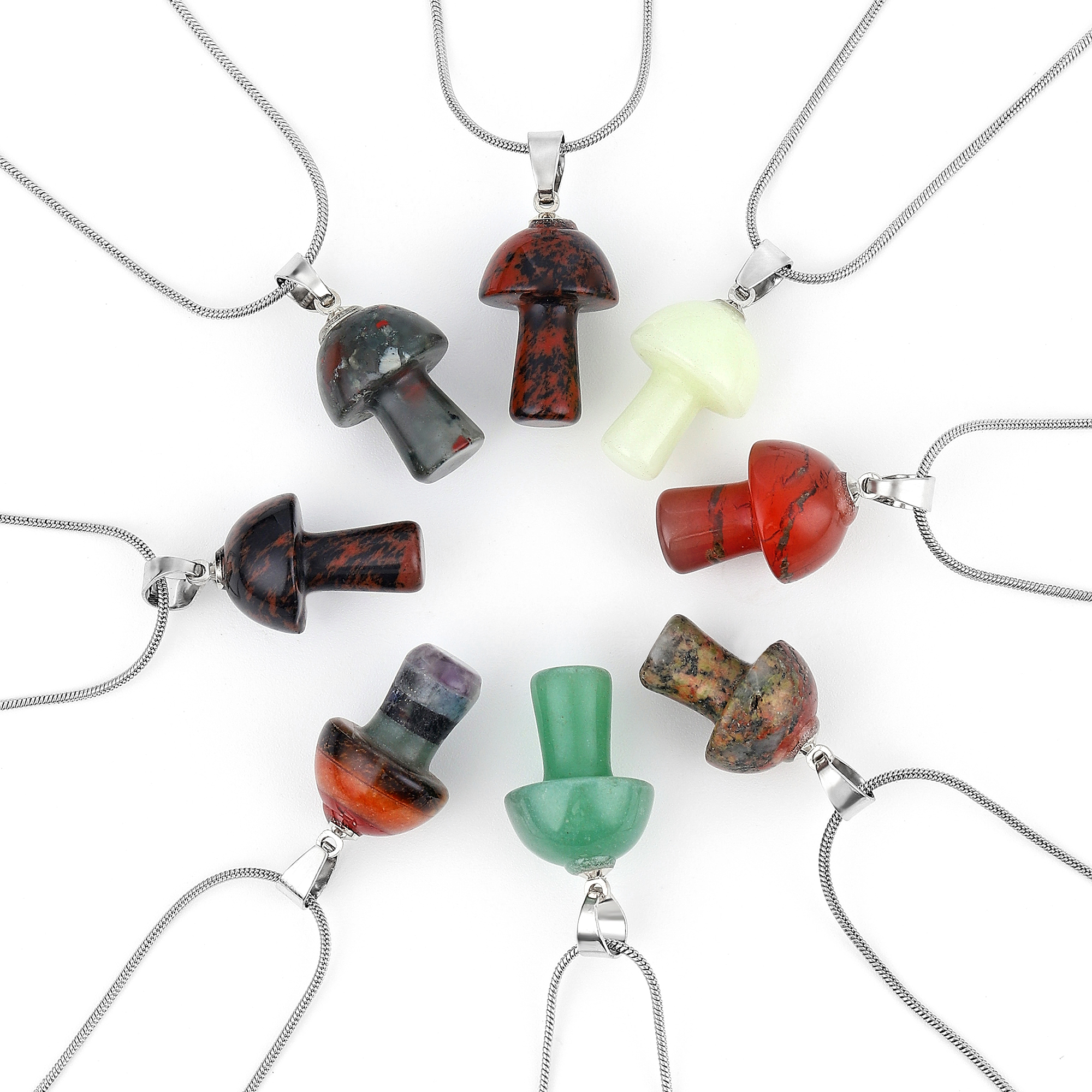 Healing Chakra Gemstone Mushroom Pendant Neklace with 45CM Black Cord