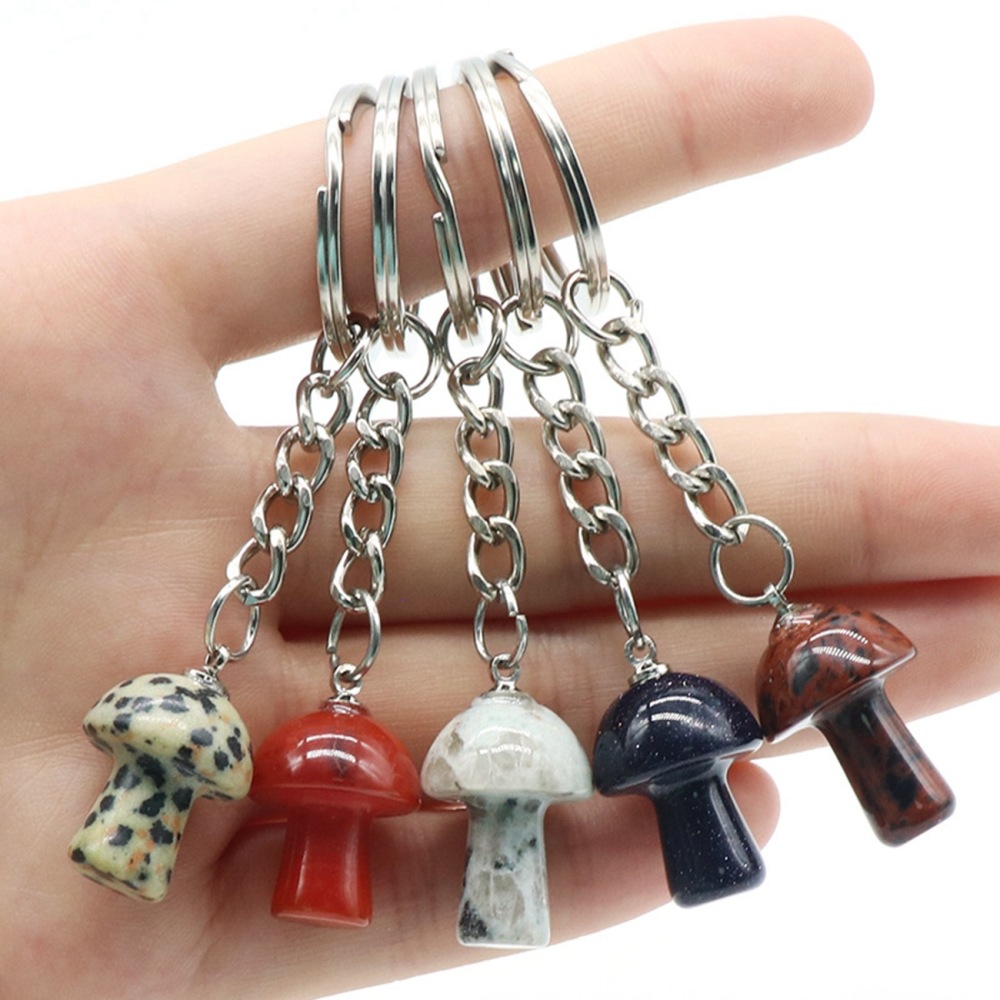 Gemstone Mushroom Keychain  Natural Gemstone Pendant Keyring Healing Chakra Crystal Jewelry