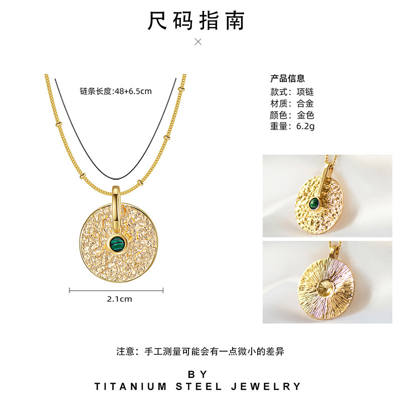 Gold Metal Round Disc Pendant Necklace for Women Girls Natural Malachite Coin Choker Jewelry