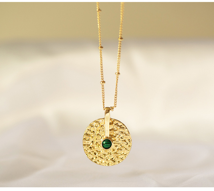 Gold Metal Round Disc Pendant Necklace for Women Girls Natural Malachite Coin Choker Jewelry