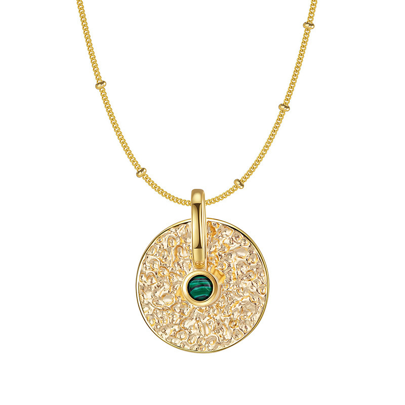 Gold Metal Round Disc Pendant Necklace for Women Girls Natural Malachite Coin Choker Jewelry