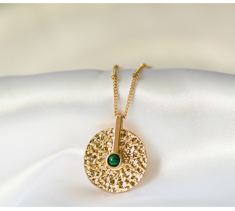 Gold Metal Round Disc Pendant Necklace for Women Girls Natural Malachite Coin Choker Jewelry