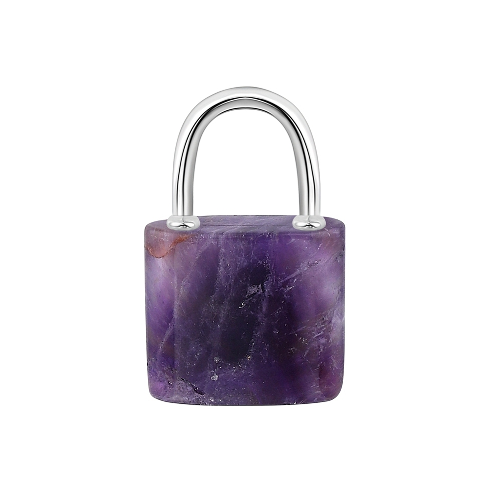 Natural Gemstone Lock Pendant Necklace for Women Men with 45CM Black Leather