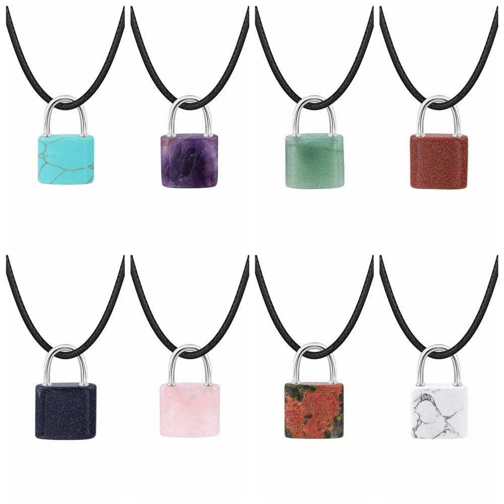 Natural Gemstone Lock Pendant Necklace for Women Men with 45CM Silver Chain