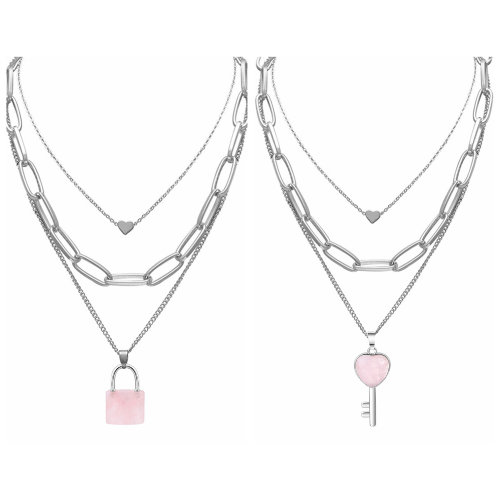 Couple Layered Chain Necklace  Natural Gemstone Key and Lock Pendant  Choker Jewelry for Women Men