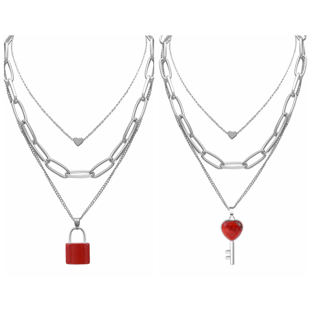 Couple Layered Chain Necklace  Natural Gemstone Key and Lock Pendant  Choker Jewelry for Women Men