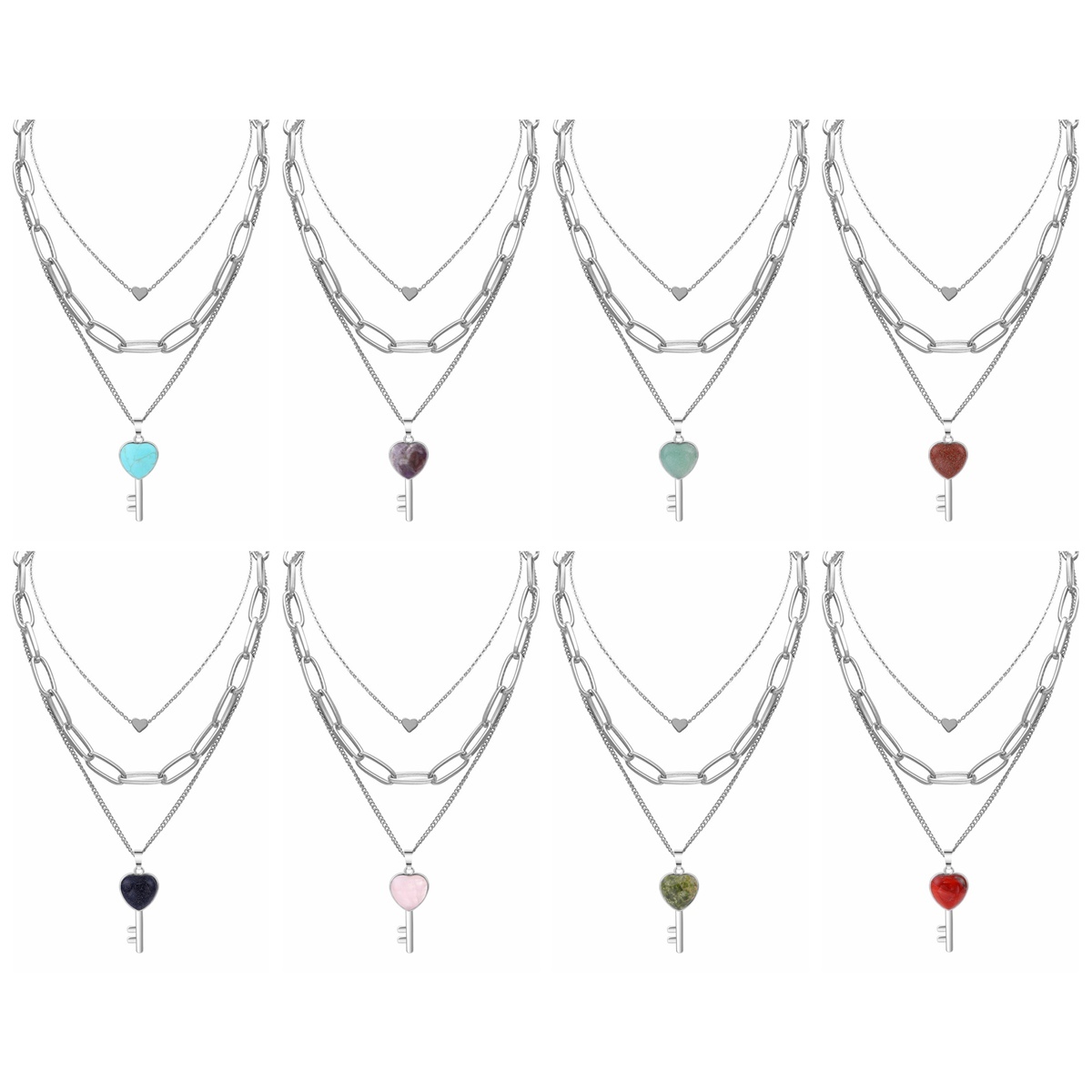 Layered Key Pendant Necklace Chunky Punk Silver Chain Choker Cuban Link  Statement Jewelry for Women and Girls