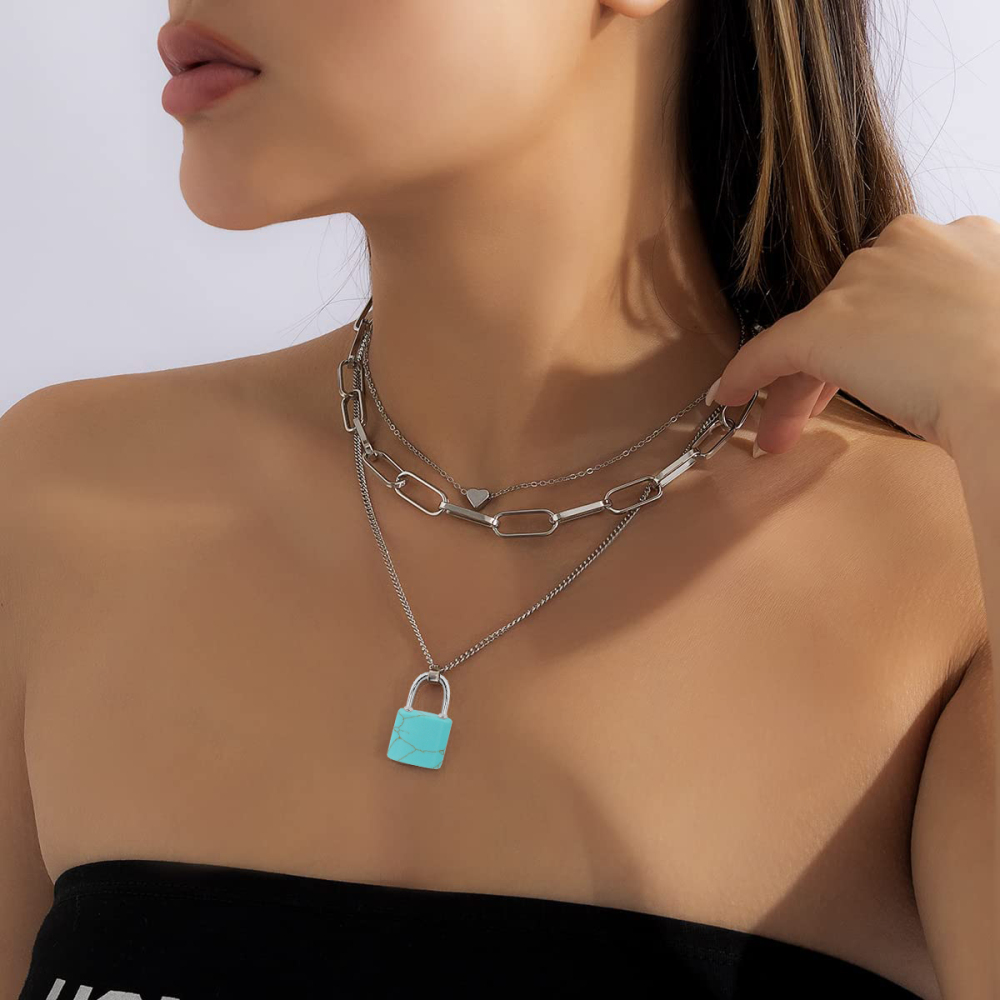 Couple Layered Chain Necklace  Natural Gemstone Key and Lock Pendant  Choker Jewelry for Women Men