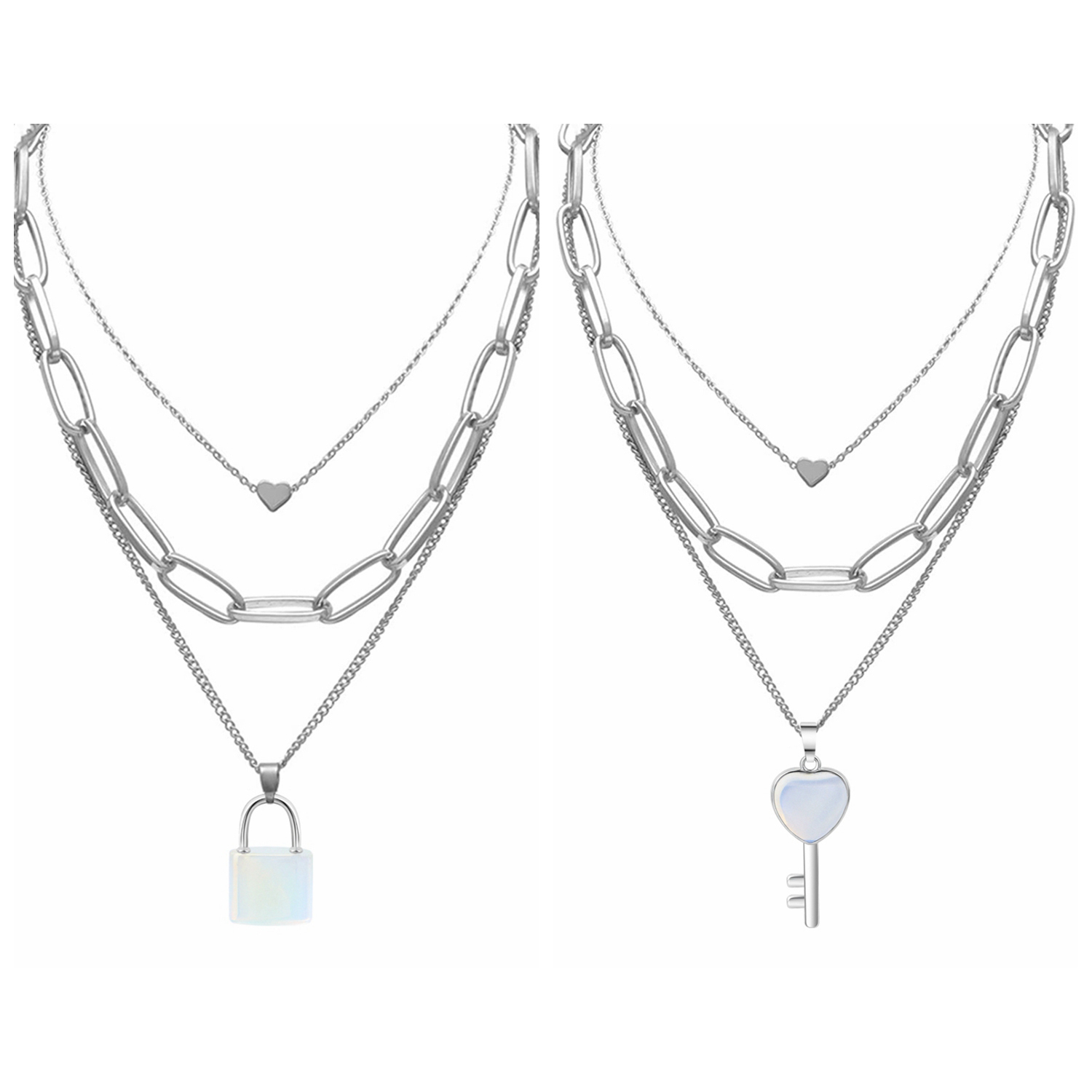 Couple Layered Chain Necklace  Natural Gemstone Key and Lock Pendant  Choker Jewelry for Women Men