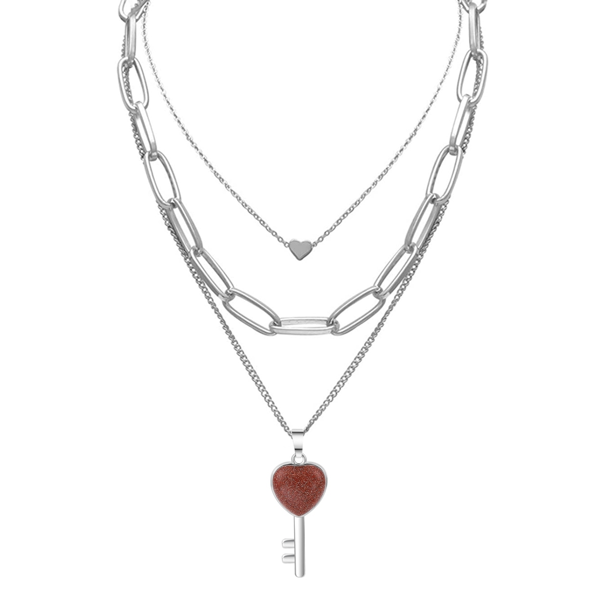 Layered Key Pendant Necklace Chunky Punk Silver Chain Choker Cuban Link  Statement Jewelry for Women and Girls