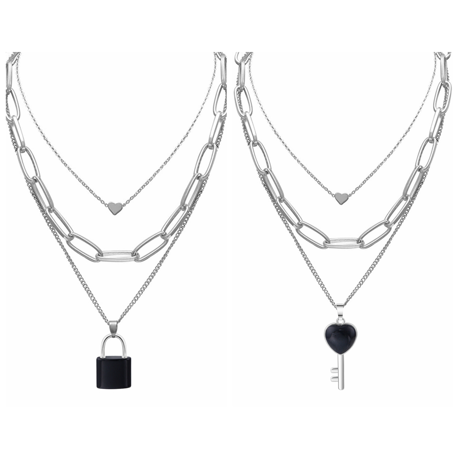 Couple Layered Chain Necklace  Natural Gemstone Key and Lock Pendant  Choker Jewelry for Women Men