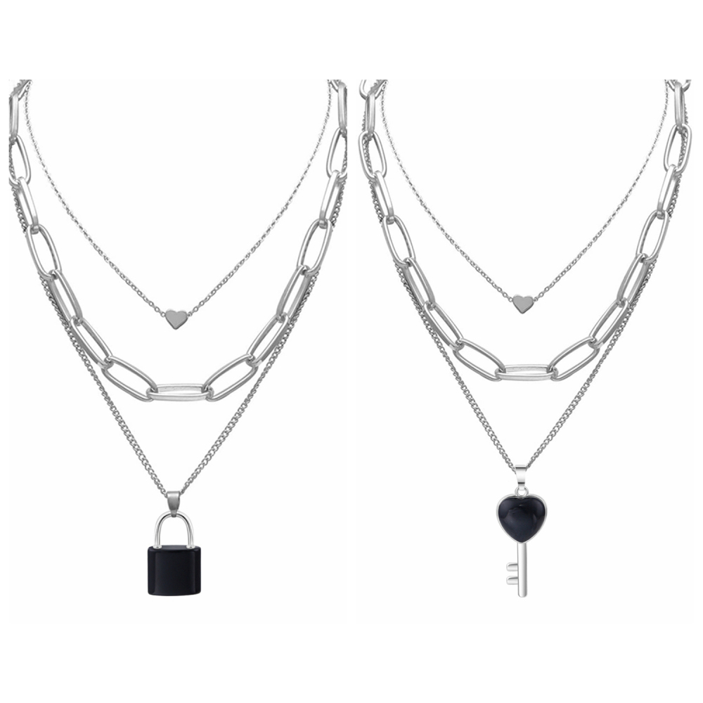 Couple Layered Chain Necklace  Natural Gemstone Key and Lock Pendant  Choker Jewelry for Women Men