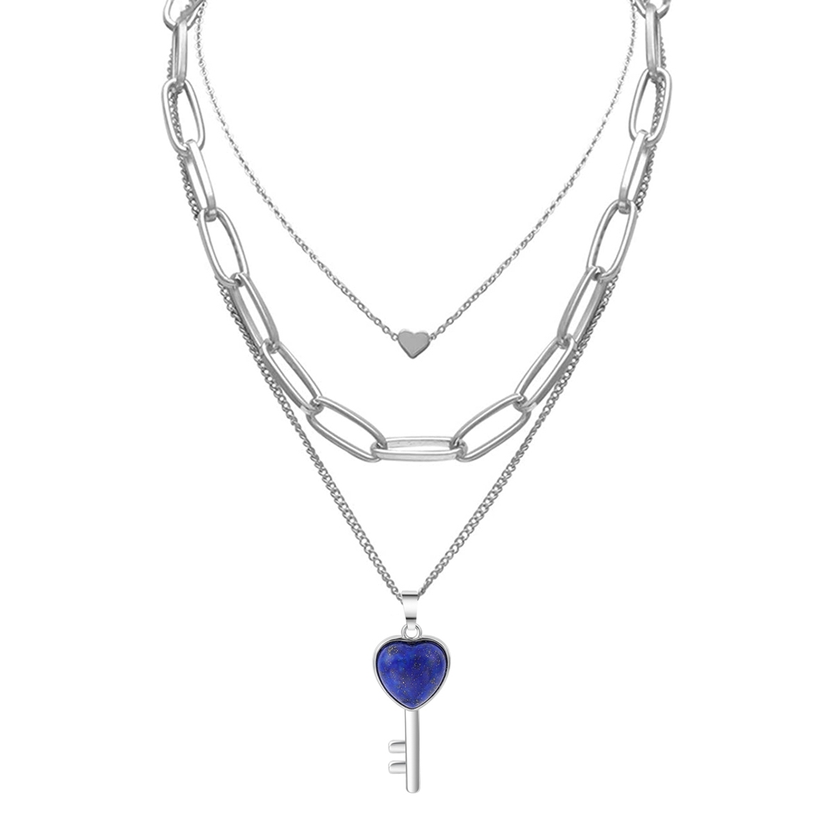 Layered Key Pendant Necklace Chunky Punk Silver Chain Choker Cuban Link  Statement Jewelry for Women and Girls