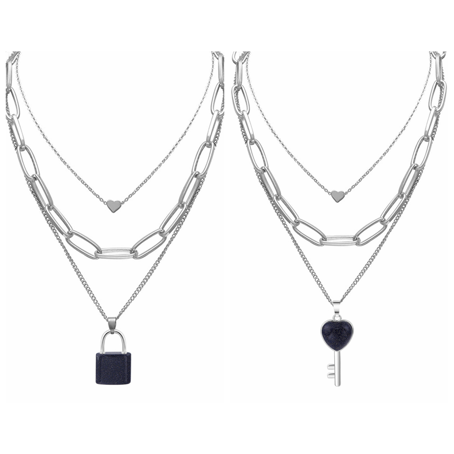 Couple Layered Chain Necklace  Natural Gemstone Key and Lock Pendant  Choker Jewelry for Women Men