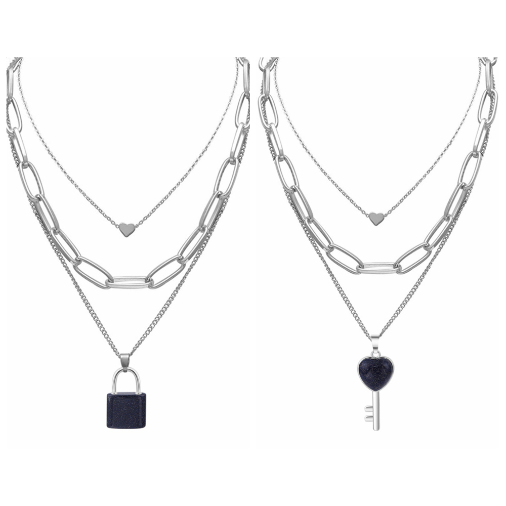 Couple Layered Chain Necklace  Natural Gemstone Key and Lock Pendant  Choker Jewelry for Women Men