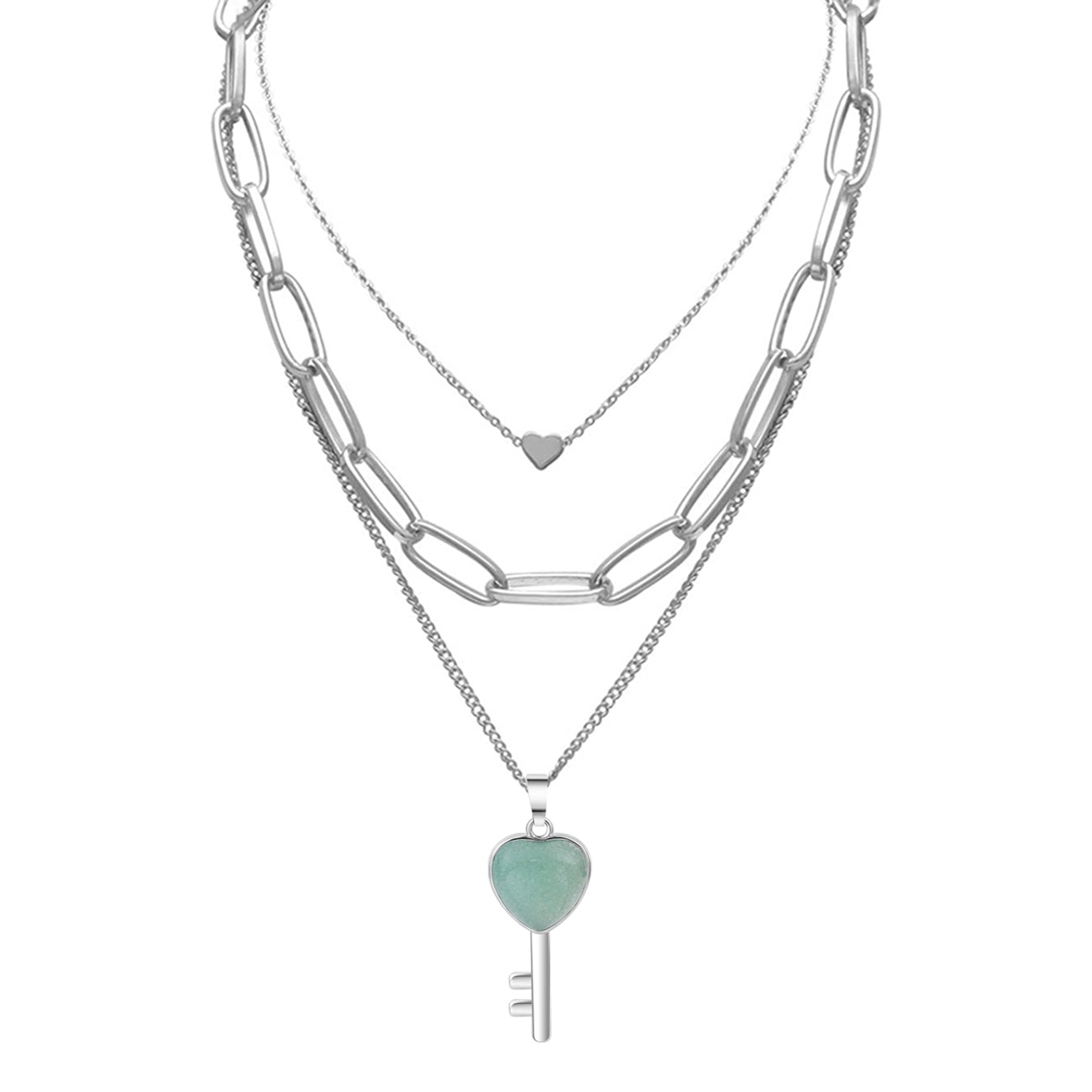 Layered Key Pendant Necklace Chunky Punk Silver Chain Choker Cuban Link  Statement Jewelry for Women and Girls