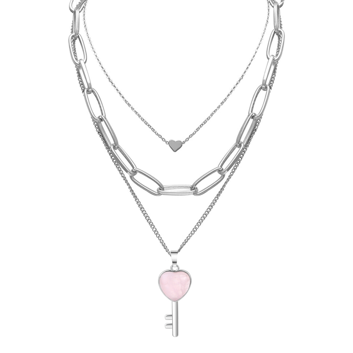 Layered Key Pendant Necklace Chunky Punk Silver Chain Choker Cuban Link  Statement Jewelry for Women and Girls