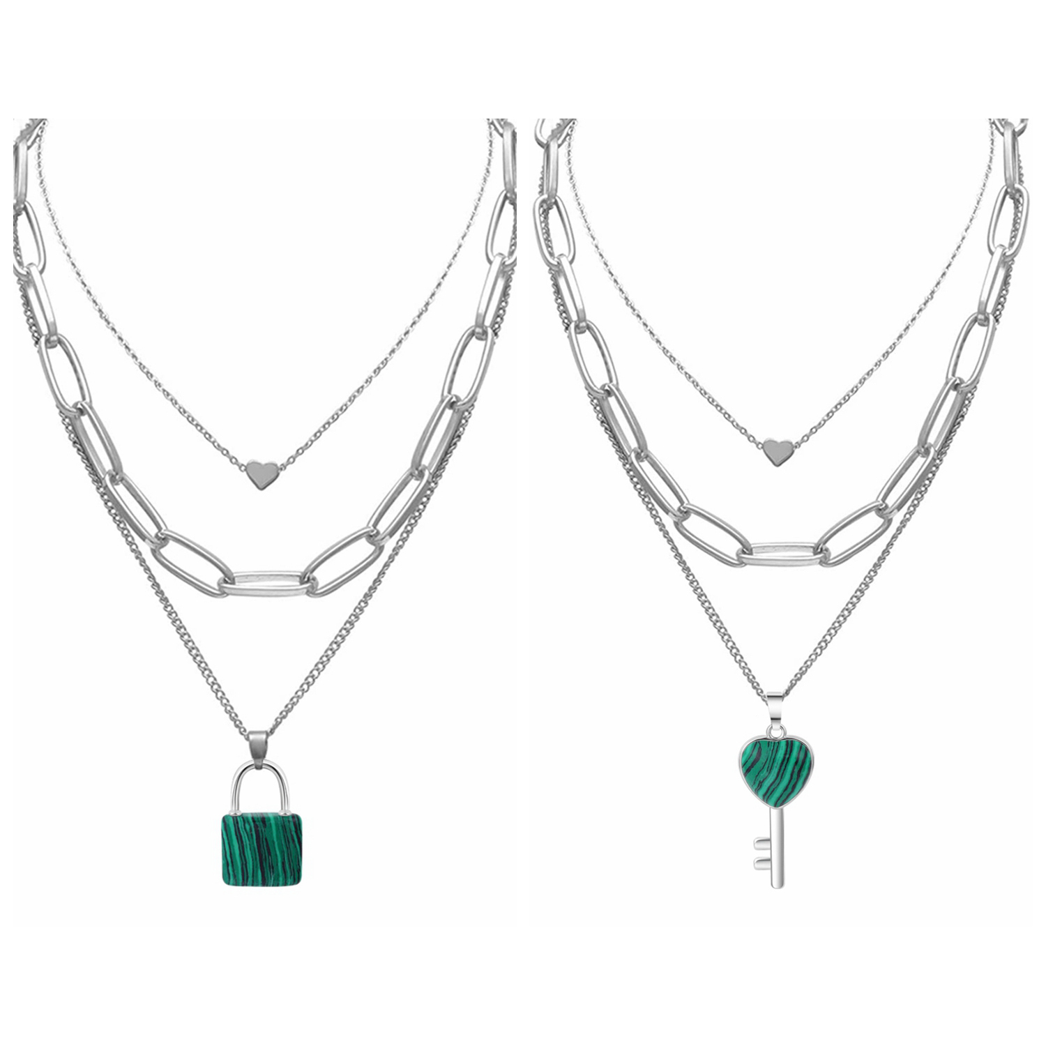 Couple Layered Chain Necklace  Natural Gemstone Key and Lock Pendant  Choker Jewelry for Women Men
