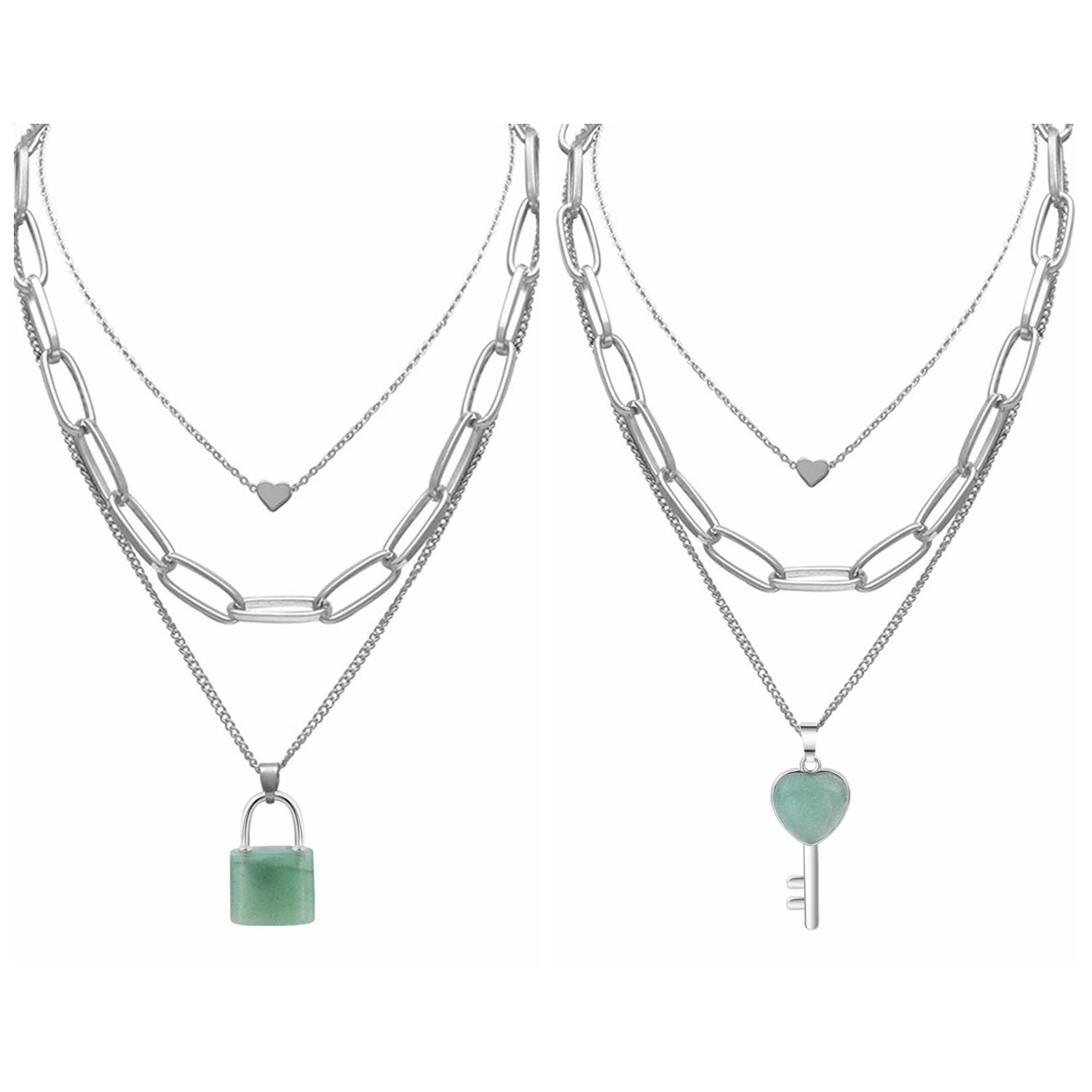 Couple Layered Chain Necklace  Natural Gemstone Key and Lock Pendant  Choker Jewelry for Women Men