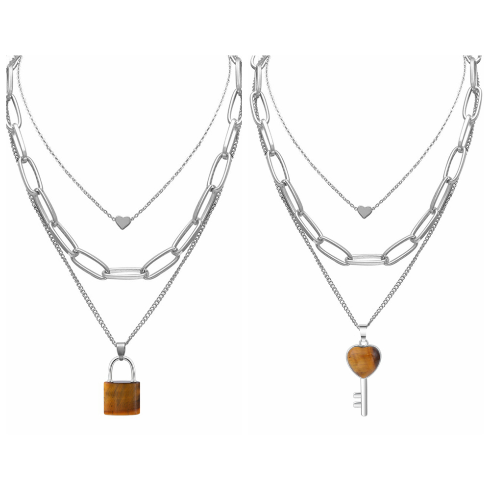 Couple Layered Chain Necklace  Natural Gemstone Key and Lock Pendant  Choker Jewelry for Women Men